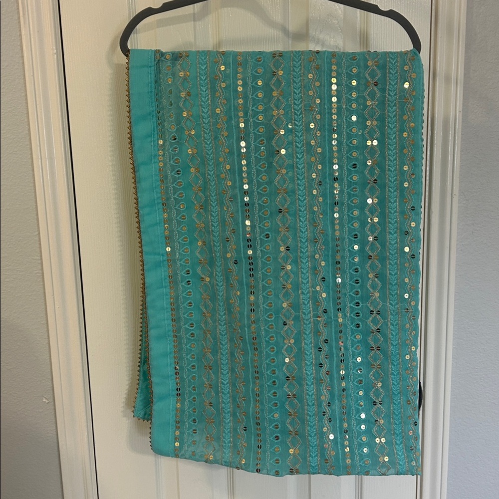 Duppatta shawl teal green shade. Embroidered gold thread gold sequins work NWOT